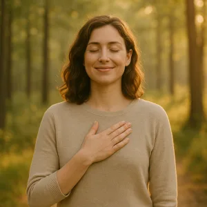RRP, Frau mit Hand auf dem Herzen im Wald
