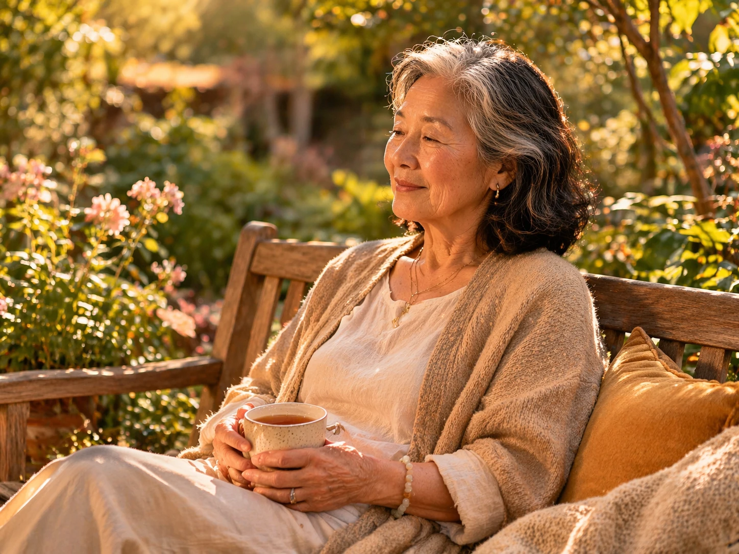 Oudere vrouw zit ontspannen in zonnige tuin met een kop thee — rust en herstel via het Rest and Restore Protocol voor senioren